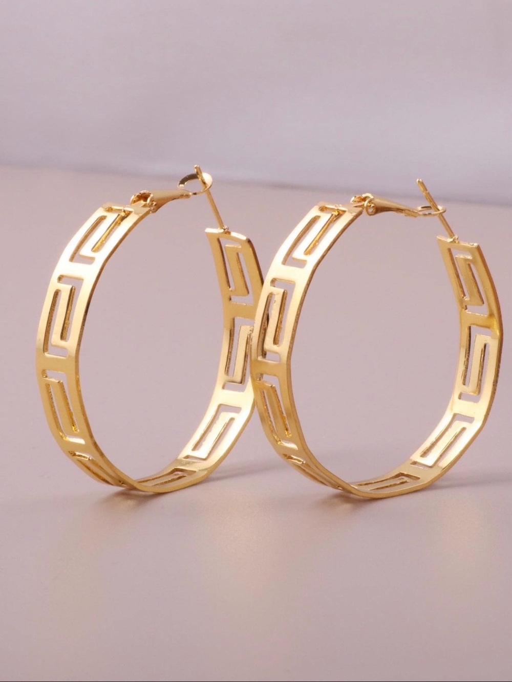 New Arrivals! Gold - Tone Openwork Greek Key Hoop Earrings .
